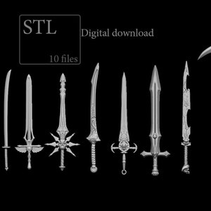 Può includere: Un set di 10 file STL per la stampa 3D, che comprende una varietà di armi fantasy, tra cui spade, pugnali e una falce. Le armi sono progettate in uno stile dettagliato e intricato, con bordi affilati e dettagli intricati. L'immagine include il testo "STL" e "Download digitale".