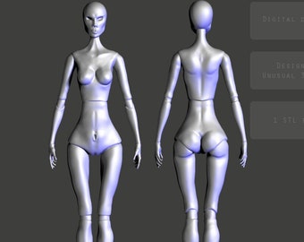 May include: A 3D model of a female doll with a slender build and long limbs. The doll is posed standing with her arms at her sides and her legs slightly apart. The model is rendered in a light gray color and appears to be made of plastic. The image includes the text "DIGITAL DOWNLOAD", "DESIGN BY UNUSUAL 3D CORE", "1 STL FILE", and "ZBRUSH 2023 VERSION".