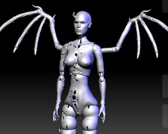 Könnte beinhalten: Ein 3D-Modell einer weiblichen Figur mit Flügeln, entworfen in Zbrush 2023. Die Figur hat einen detaillierten, segmentierten Körper mit 30 Gelenken und 32 Teilen. Die Flügel bestehen aus einem skelettartigen, stacheligen Material.