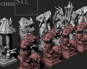 May include: A set of 3D printed chess pieces in a gray and red color scheme. The pieces are designed in an Orc theme and are labeled "Chess STL 6 files". The text "Orc Lair" and "Unsupported" are also visible in the image.