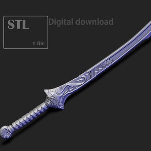 Könnte beinhalten: Ein detailliertes 3D-Modell eines Schwertes mit aufwendigen Schnitzereien. Das Schwert ist in einer blau-violetten Farbe gerendert und hat einen strukturierten Griff. Das Bild enthält den Text "STL Digitaler Download 1 Datei".