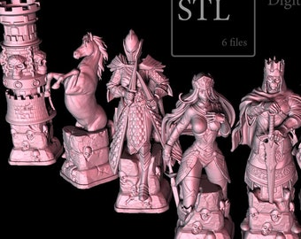 May include: A set of six 3D printed chess pieces in a medieval style. The pieces include a king, queen, knight, bishop, rook, and pawn. The pieces are printed in a light pink color and are detailed with intricate designs. The text "CHESS Medieval" and "STL 6 files" is visible in the image.