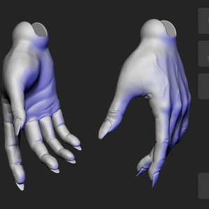 May include: Two 3D printed models of a human hand in a neutral pose. The hands are rendered in a light gray color and are shown from two different angles. The models are designed in Zbrush 2023 and are available for digital download as two STL files.