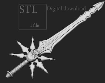 May include: A 3D model of a silver sword with a skull-shaped pommel and a starburst design on the hilt. The sword is labeled "STL Digital download 1 file".