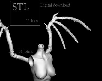 May include: A 3D model of a female torso with articulated wings. The wings are detailed with veins and have 14 joints. The model is designed for 3D printing and is available as an STL file download. ZBRYSH 2023 Design by Unusual 3D Core.
