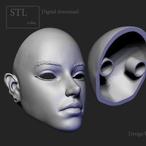 Puede incluir: Un modelo impreso en 3D de una cara humana, dividido en dos partes. El modelo es gris y tiene una textura lisa y realista. El texto "STL Descarga digital 4 archivos" y "ZBRUSH 2023 Diseño por Unusual 3D Core" es visible en la imagen.