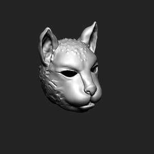 May include: A 3D printed model of a cat's head, rendered in a light grey colour. The model is detailed with fur and facial features.