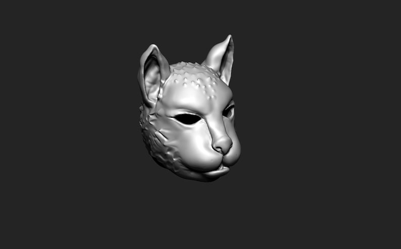 May include: A 3D printed model of a cat's head, rendered in a light grey colour. The model is detailed with fur and facial features.