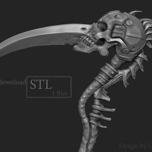 May include: A 3D printed model of a stylized skull with a curved blade, resembling a scythe. The skull has a mechanical design with intricate details and a textured surface. The model is designed for 3D printing and is available as a digital download in STL format.