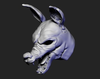 May include: A 3D model of a snarling, grey, animal head with large ears. The head is modeled in a realistic style, with detailed features such as teeth, fur, and eyes.