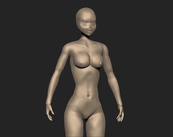 May include: A 3D model of a nude female figure with a neutral expression. The figure is posed with arms extended and hands open. The model is rendered in a light beige color.