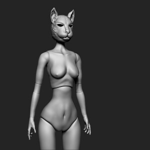May include: A grey, sculpted figure of a person with a cat head. The figure is posed standing with arms at its sides. The figure is wearing a simple, strapless top and a skirt.