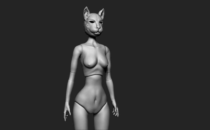 May include: A grey, sculpted figure of a person with a cat head. The figure is posed standing with arms at its sides. The figure is wearing a simple, strapless top and a skirt.