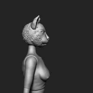 May include: A 3D model of a female figure with a cat head. The model is in a neutral pose, with the head turned to the side. The cat head is detailed with fur and whiskers.