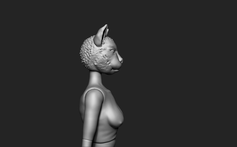 May include: A 3D model of a female figure with a cat head. The model is in a neutral pose, with the head turned to the side. The cat head is detailed with fur and whiskers.