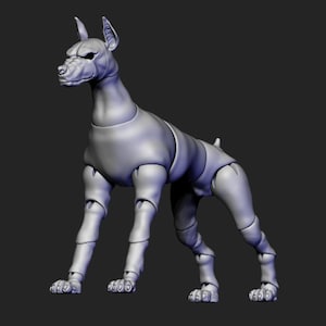 May include: A 3D model of a dog, rendered in a light grey colour. The dog is posed in a standing position with its head turned to the left. The model is detailed with visible joints and segmented limbs.