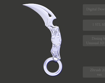May include: A 3D printed model of a silver karambit knife with a detailed design on the handle. The knife is designed for 3D printing and comes in an STL file format.