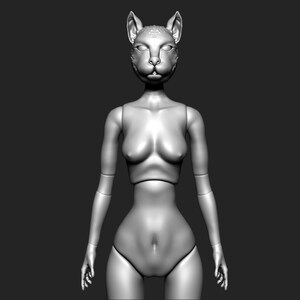 May include: A 3D model of a female figure with a cat head. The figure is nude and has a slender build. The cat head is detailed with fur and whiskers.