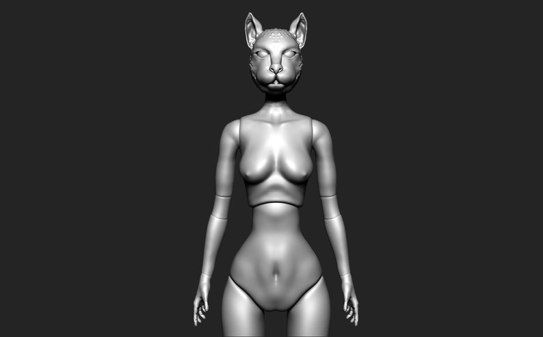 May include: A 3D model of a female figure with a cat head. The figure is nude and has a slender build. The cat head is detailed with fur and whiskers.