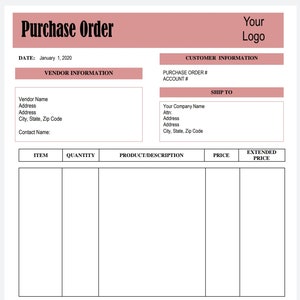 May include: A blank purchase order form with sections for vendor and customer information, item details, quantity, price, extended price, sub-total, discount, tax, and total. The form has a date of January 1, 2020.