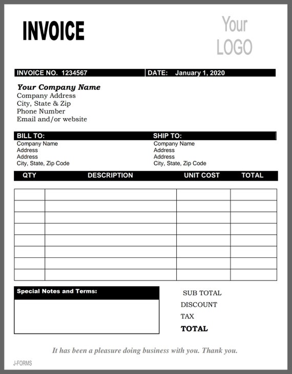 Invoice Template Printable Invoice Business Form Etsy