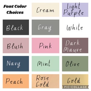 Op de afbeelding: Een grafiek met keuzes voor letterkleuren voor een ontwerp project. De kleuren omvatten cr&egrave;me, lichtpaars, zwart, grijs, wit, blush, roze, donker mauve, marine, mint, olijf, perzik, roosgoud en goud.