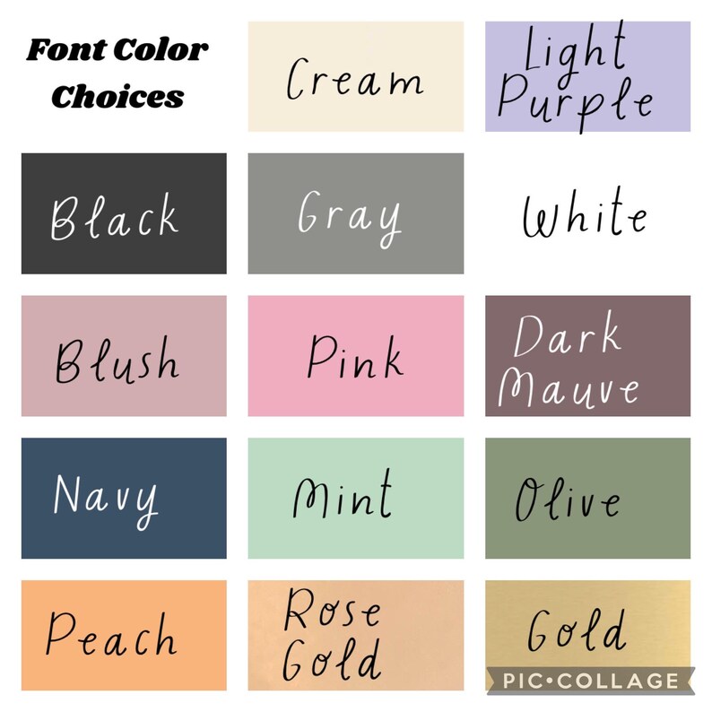 Op de afbeelding: Een grafiek met keuzes voor letterkleuren voor een ontwerp project. De kleuren omvatten cr&egrave;me, lichtpaars, zwart, grijs, wit, blush, roze, donker mauve, marine, mint, olijf, perzik, roosgoud en goud.