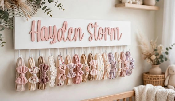 Personalized Bow and Headband Holder, Baby Nursery Decor, Wooden Name