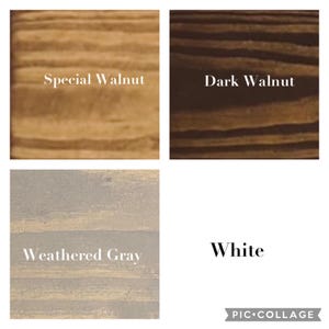 Op de afbeelding: Vier houtstalen die verschillende vlekkenkleuren laten zien: Special Walnut, Dark Walnut, Verweerd grijs en Wit.