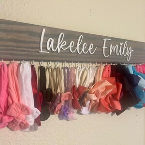 Personalized Bow and Headband Holder, Baby Nursery Decor, Wooden Name, 18 or 24” Sizes, Ribbons for Bow Clip Storage afbeelding 5