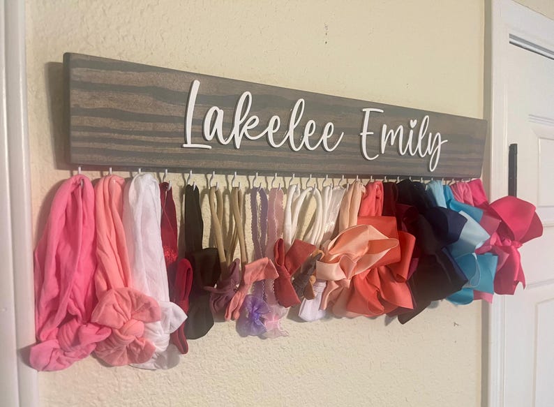 Personalized Bow and Headband Holder, Baby Nursery Decor, Wooden Name, 18 or 24” Sizes, Ribbons for Bow Clip Storage afbeelding 5