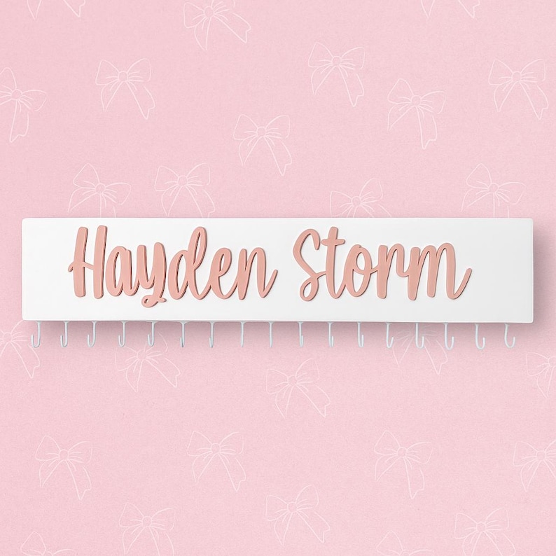 Personalized Bow and Headband Holder, Baby Nursery Decor, Wooden Name, 18 or 24” Sizes, Ribbons for Bow Clip Storage afbeelding 1