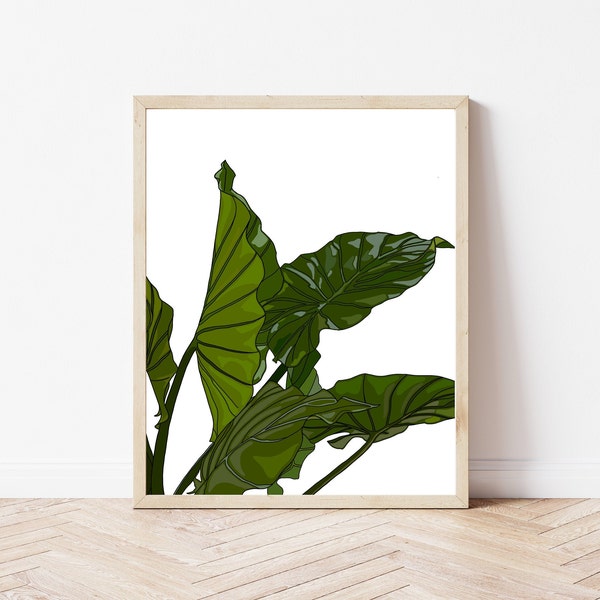 Elephant Ear Plant Digital Rendering, Instant Print It Yourself At Home, Download Wall Print, Green and Colorful Botanical Apartment Art