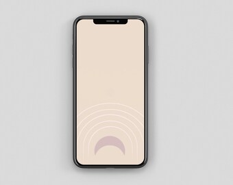 Op de afbeelding: Een zwarte smartphone met een beige achtergrond en een wit abstract ontwerp van overlappende cirkels en een halve maan.