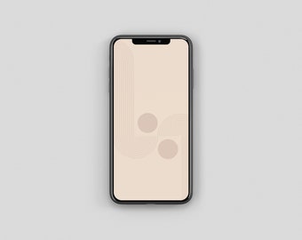 Op de afbeelding: Een zwarte smartphone met een beige achtergrond en een minimalistisch ontwerp met dunne, gebogen lijnen en twee lichtroze cirkels.