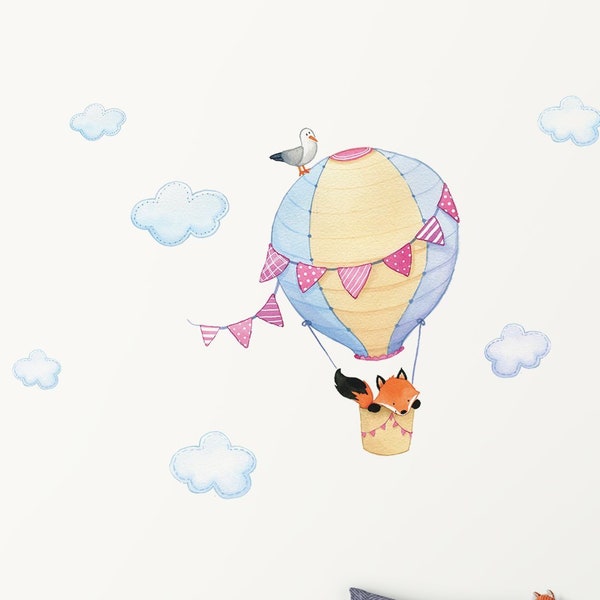 Hot Air Balloon with Fox Wall Decal for Nurseries -  Eco Friendly Peel and Stick Fabric Wall Stickers for Kids Rooms