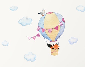 Hot Air Balloon with Fox Wall Decal for Nurseries -  Eco Friendly Peel and Stick Fabric Wall Stickers for Kids Rooms