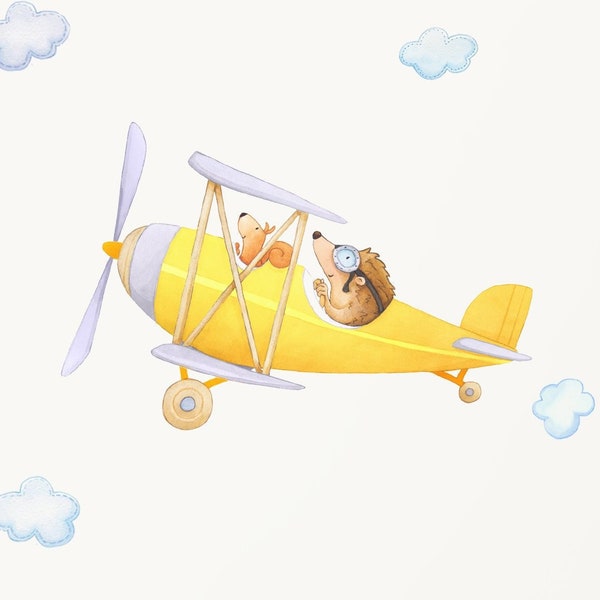 Fabric Wall Decal, Hedgehog Airplane, Toddler Watercolour Room Decor, Airplane Nursery, Animal Wall Stickers