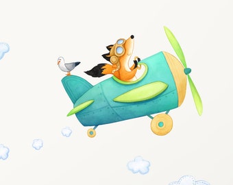 Fabric Wall Decal, Fox Airplane Nursery, Toddler Watercolour Room Decor, Animal Wall Stickers
