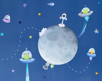 Alien Flying Saucers Wall Decals for Toddlers and Kids Rooms - UFO Peel and Stick Space Theme Wall Stickers