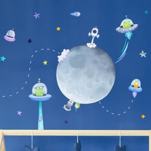 Alien Flying Saucers Wall Decals for Toddlers and Kids Rooms - UFO Peel and Stick Space Theme Wall Stickers