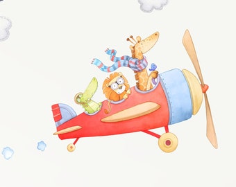 Sticker mural en tissu, pépinière d'avion Safari, décor de chambre aquarelle pour tout-petits, Stickers muraux animaux