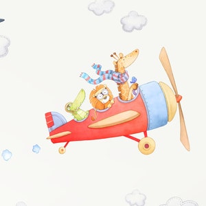 May include: A red aeroplane with a blue tail flies through the air with a giraffe, lion, and alligator passengers. The plane is surrounded by white clouds.