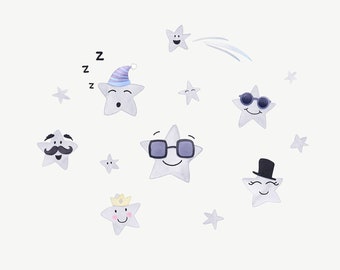 Happy Stars, Watercolour Star Decals, Fun Kids Room and Nursery Decor, Night Time Wall Stickers