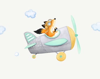 Fuchs Stoff Wandtattoo, Fuchs Flugzeug Kinderzimmer, Kleinkind Aquarell Zimmer Dekor, Kinder Wandaufkleber, Neutral Kinderzimmer