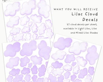 Fabric Wall Decal Set, Lilac Watercolor Clouds, Kids Room Decals, Cloud Wall Sticker, Nursery Cloud Decor, Removable