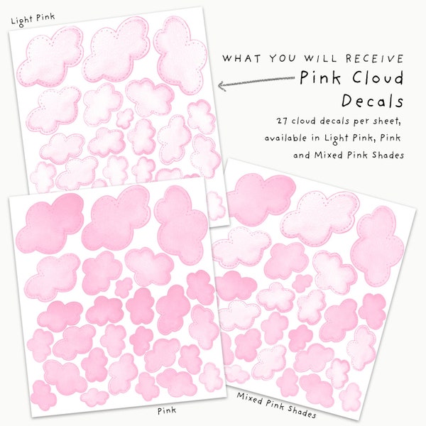 Fabric Wall Decal Set, Pink Watercolor Clouds, Kids Room Decals, Cloud Wall Sticker, Nursery Cloud Decor, Removable