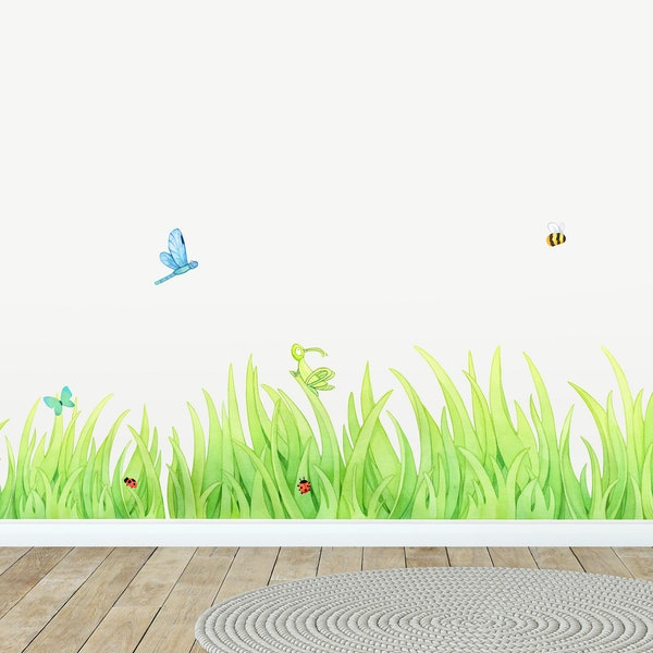 Calcomanía de tela para pared, calcomanía de hierba, arte de pared de pradera con acuarela, pegatinas de pared para niños