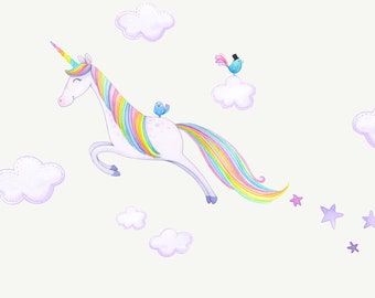 Regenboogeenhoorn - stoffen muursticker - aquarel kinderkamerdecoratie - Little Tall Tales