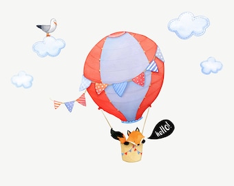 Kleiner Fuchs Heißluftballon - Wandtattoo Stoff - Baby Zimmer Dekor - Kinderzimmer Tier Wandaufkleber